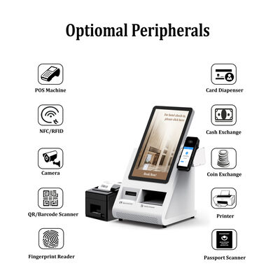 Quiosco de auto-registro Android POS con escáner de pasaportes y dispensador de tarjetas para hoteles