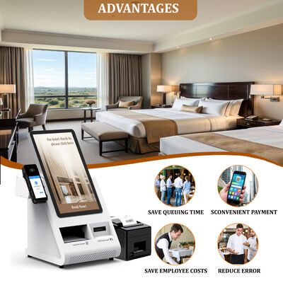 Quiosco de auto-registro Android POS con escáner de pasaportes y dispensador de tarjetas para hoteles
