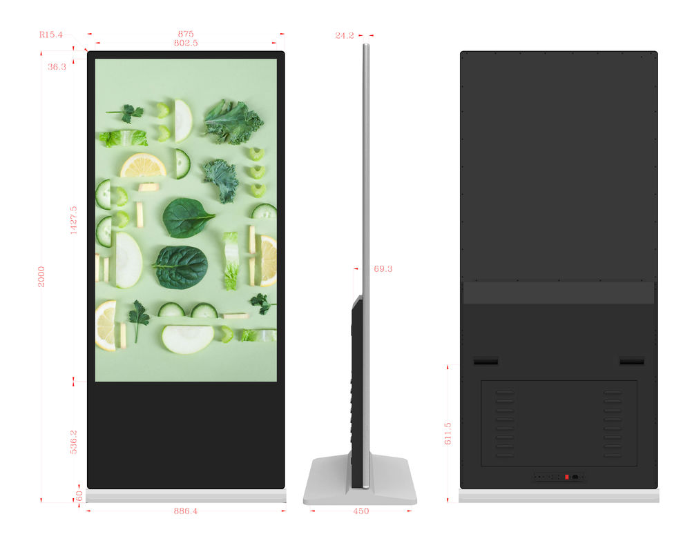 Pantalla de señalización digital con pantalla táctil de 65 pulgadas y alto brillo, quiosco LCD de pie para publicidad