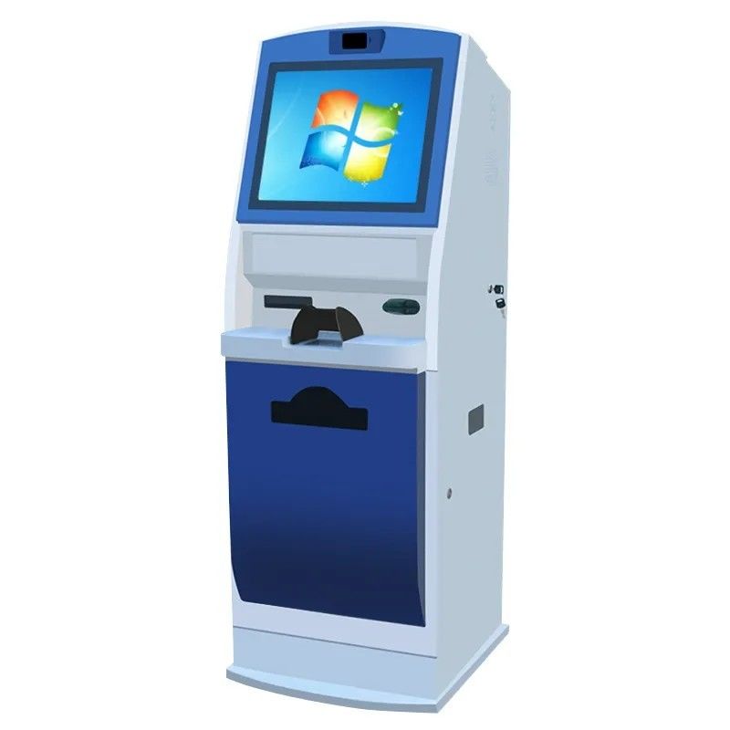 Quiosco de autoservicio con pantalla táctil de 19 pulgadas, lector de tarjetas de identificación e impresora A4