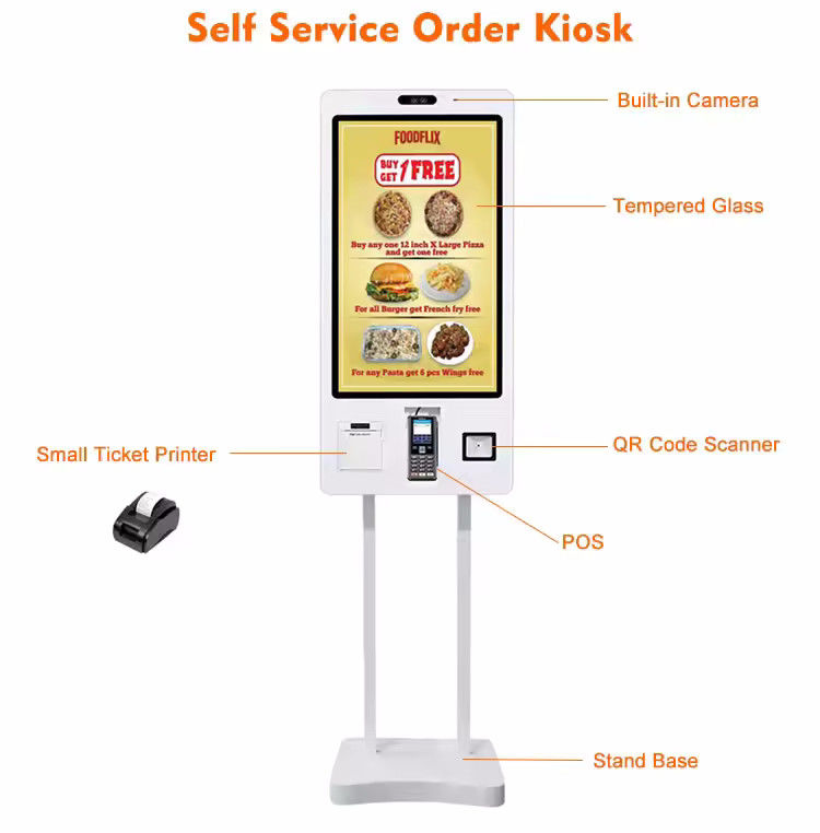 Quiosco de autoservicio con marca personalizable, entrada de CA de 110-240V y reconocimiento facial opcional