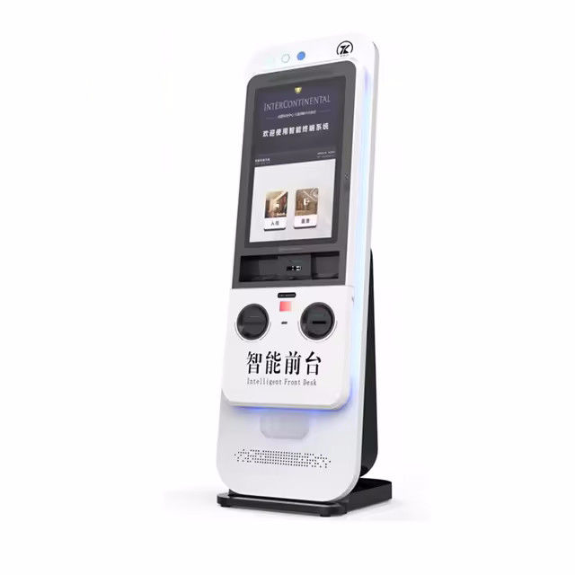 Quiosco de autochequeo con dispensador de tarjetas motorizado soporte multilingüe y conectividad Bluetooth Wi-Fi