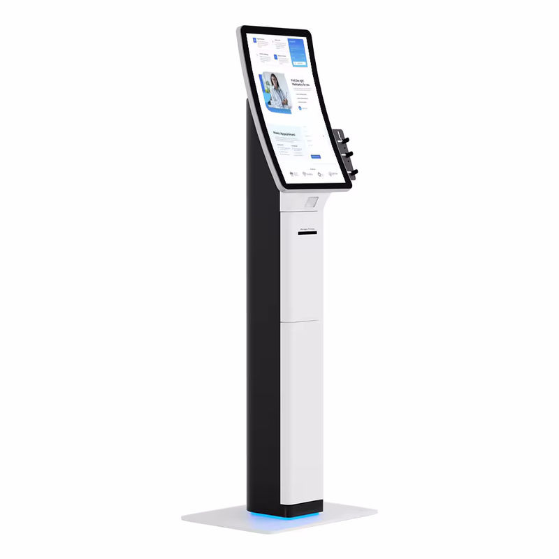 Quiosco POS elegante con escáner de códigos de barras e impresora de recibos para un auto-servicio optimizado