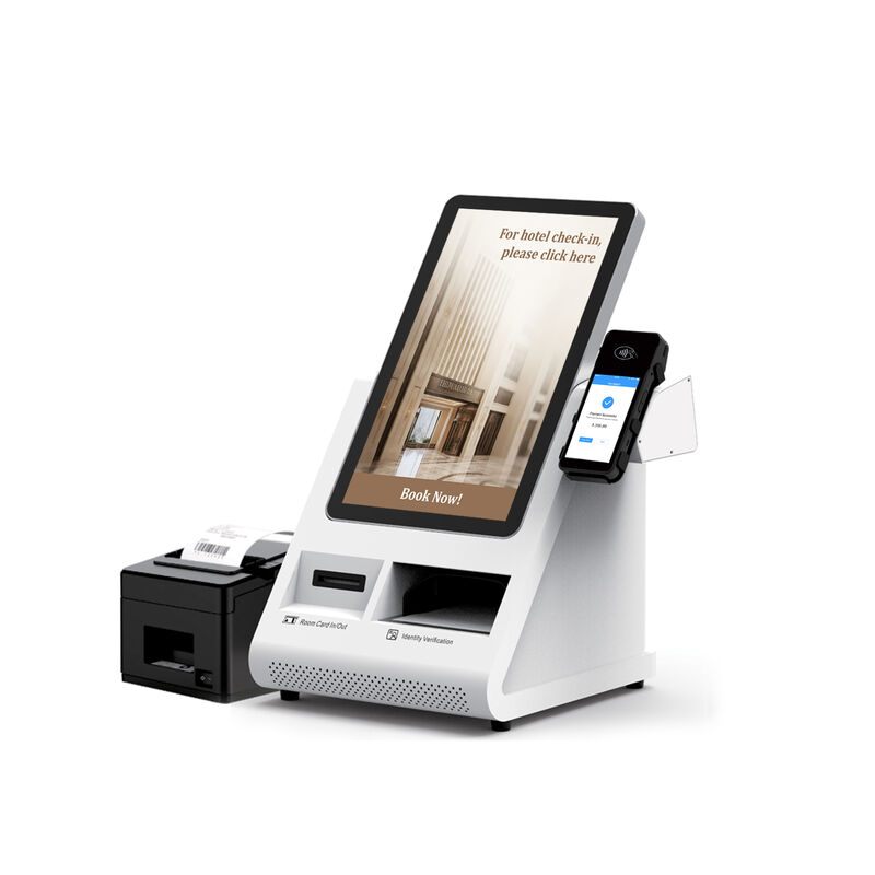 Quiosco de auto-registro Android POS con escáner de pasaportes y dispensador de tarjetas para hoteles